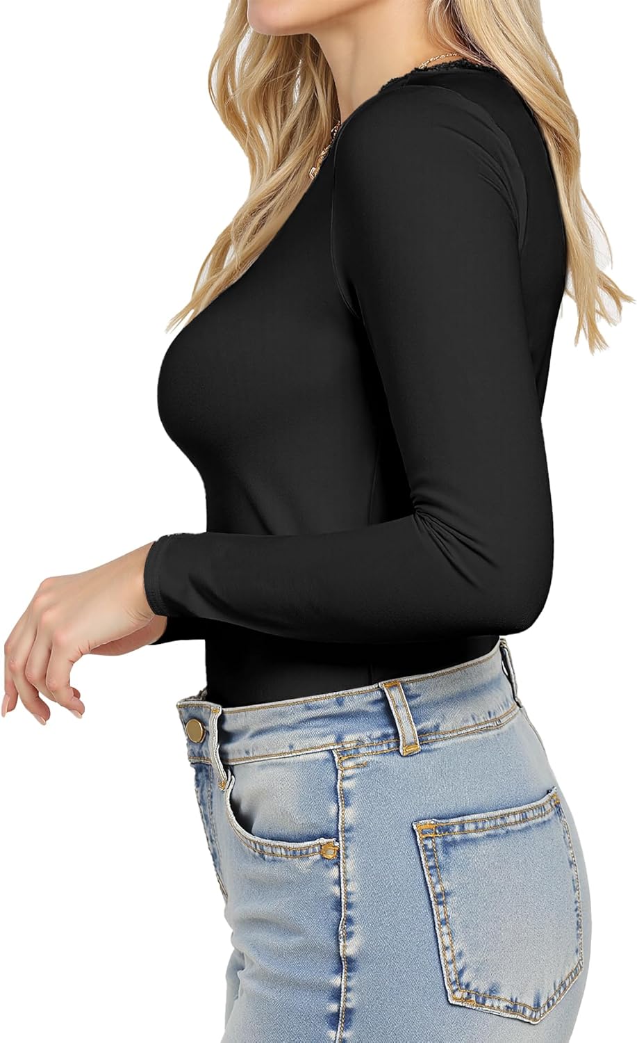 YOGINGO Women Deep V Neck Long Sleeve Lace Top - Elegant Stretch Bodycon Shirt Office to Evening Wear - Image 4