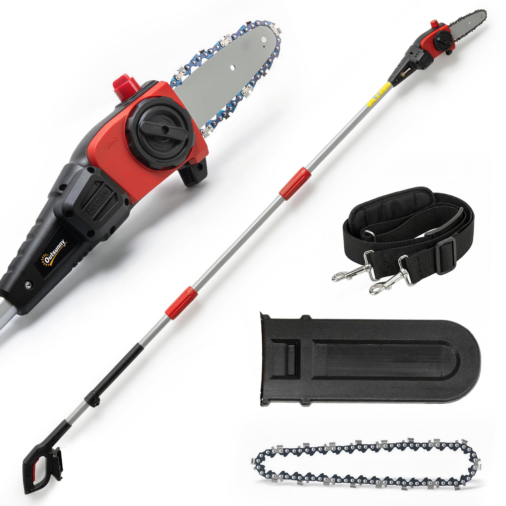 Outsunny Motosega Telescopica a Batteria, Motosega Senza Fili 1.94m/2.56m con Lubrificazione Automatica, Velocità Catena 6m/s, Per Potatura Alberi e Rami, Solo Utensile Senza Batteria