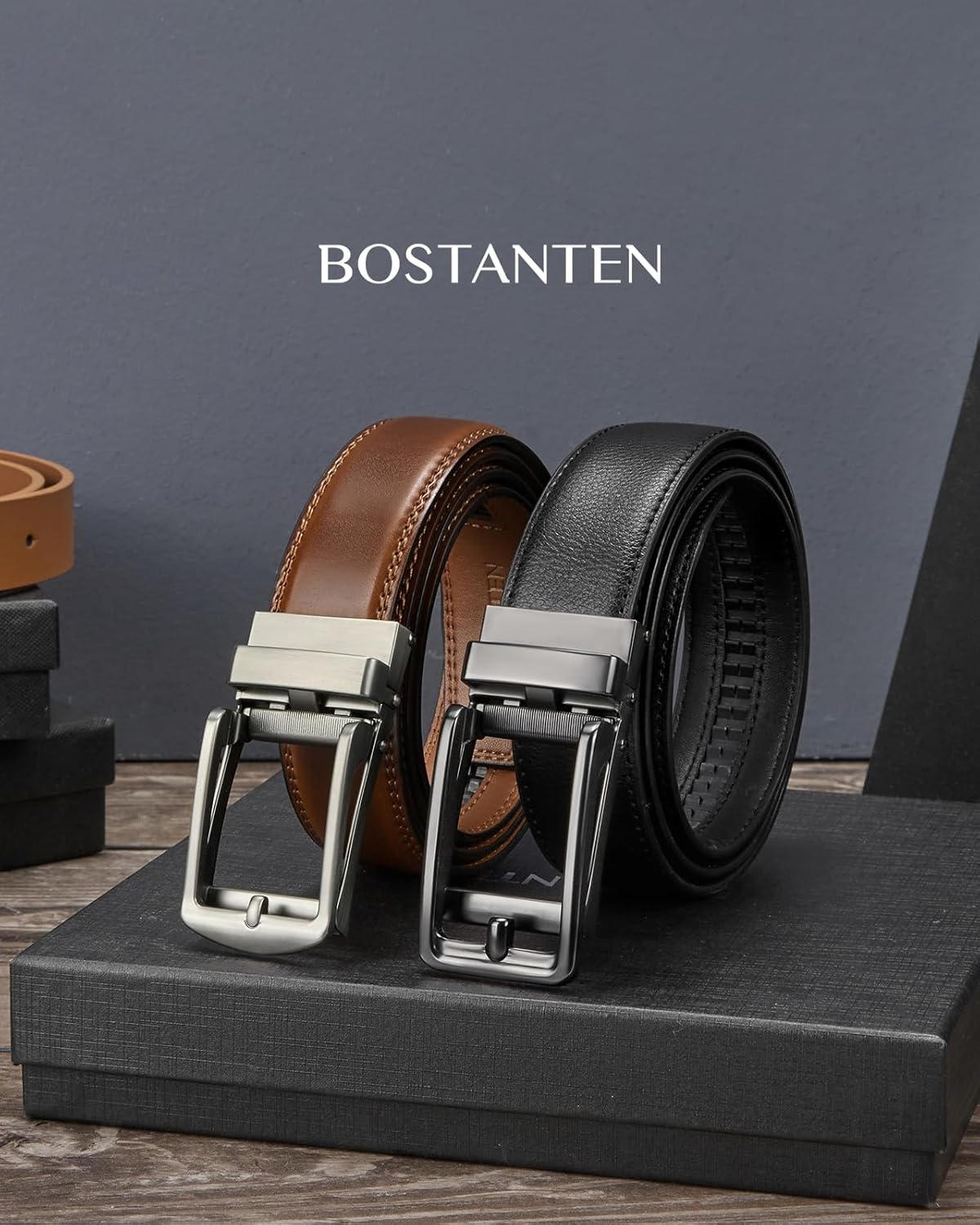 BOSTANTEN Ratchet Leather Belt For Men 2 Pack Dress and Casual with Adjustable Buckle, Trim to Fit - Image 5