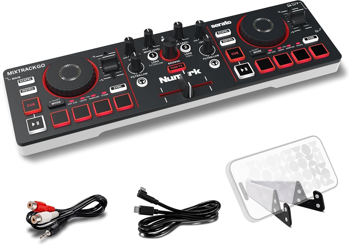 Controlador DJ MixTrack Go compacto Bluetooth con control de vástagos | Mezclador de DJ de 2 decks, para principiantes y DJ móviles, Smart Fader, USB-C, Serato DJ Lite y Algoriddim djay incluidos, Gen 4
