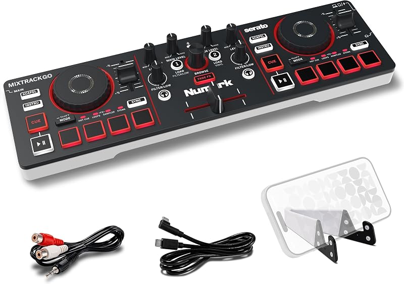 Controlador DJ MixTrack Go compacto Bluetooth con control de vástagos | Mezclador de DJ de 2 decks, para principiantes y DJ celulares, Smart Fader, USB-C, Serato DJ Lite y Algoriddim djay incluidos, Gen 4