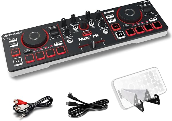 Numark MixTrack Go Controlador DJ Bluetooth Compacto con Control de Stems | Mezclador DJ de 2 Plataformas, para Principiantes y DJs Móviles, Smart Fader, USB-C, Serato DJ Lite y Algoriddim djay Incluidos, Gen 4