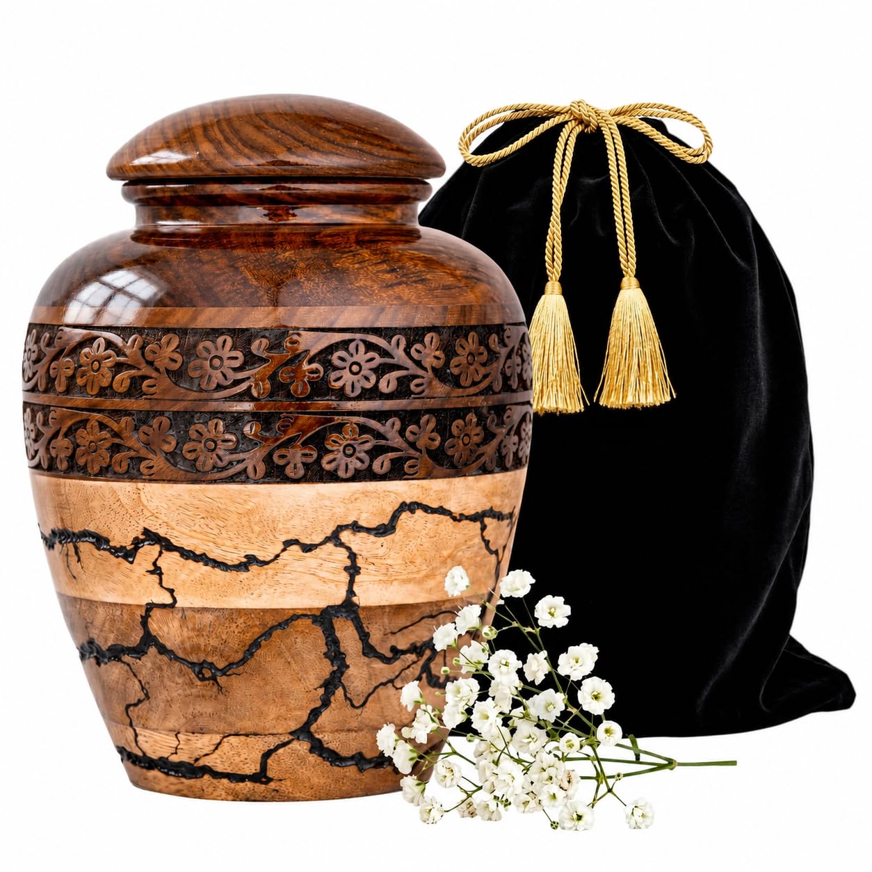 Wooden Urns for Human Ashes – 80 lb Black Thunderstorm Pattern Cremation Urn, Decorative Burial Container for Ashes Adult Male or Female Memorial Display
