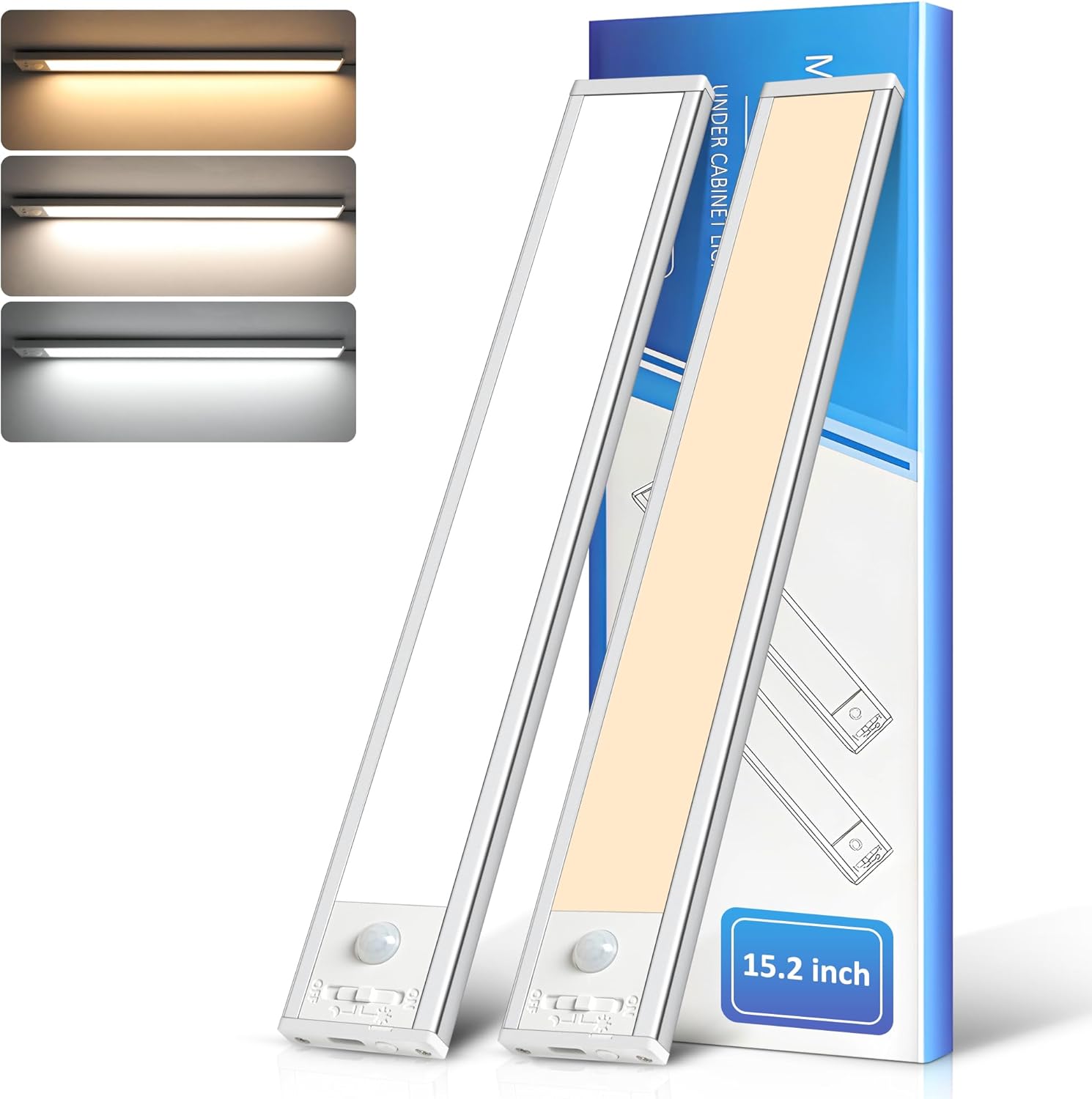 Ascher 15.2inch Under Cabinet Lights, 3000mAh Rechargeable Motion Sensor Light indoor, 3 Color Temperatures & Stepless Dimmable Closet Lights, Magnetic Under Counter Light for Kitchen, Silver - 2 Pack Silver 15.2 inch