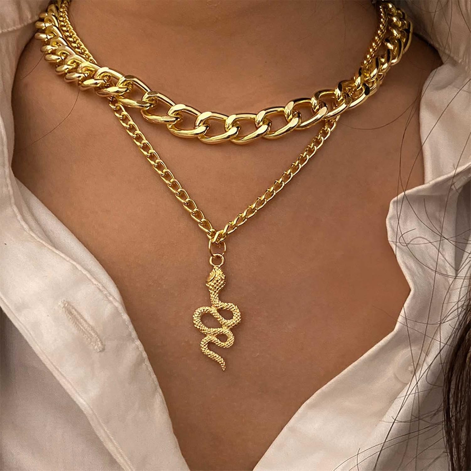 Yienate collar de cobra de cadena de serpiente de oro medusa cadena estética collar de serpentina multicapa regalo para hombres y mujeres (estilo 1)