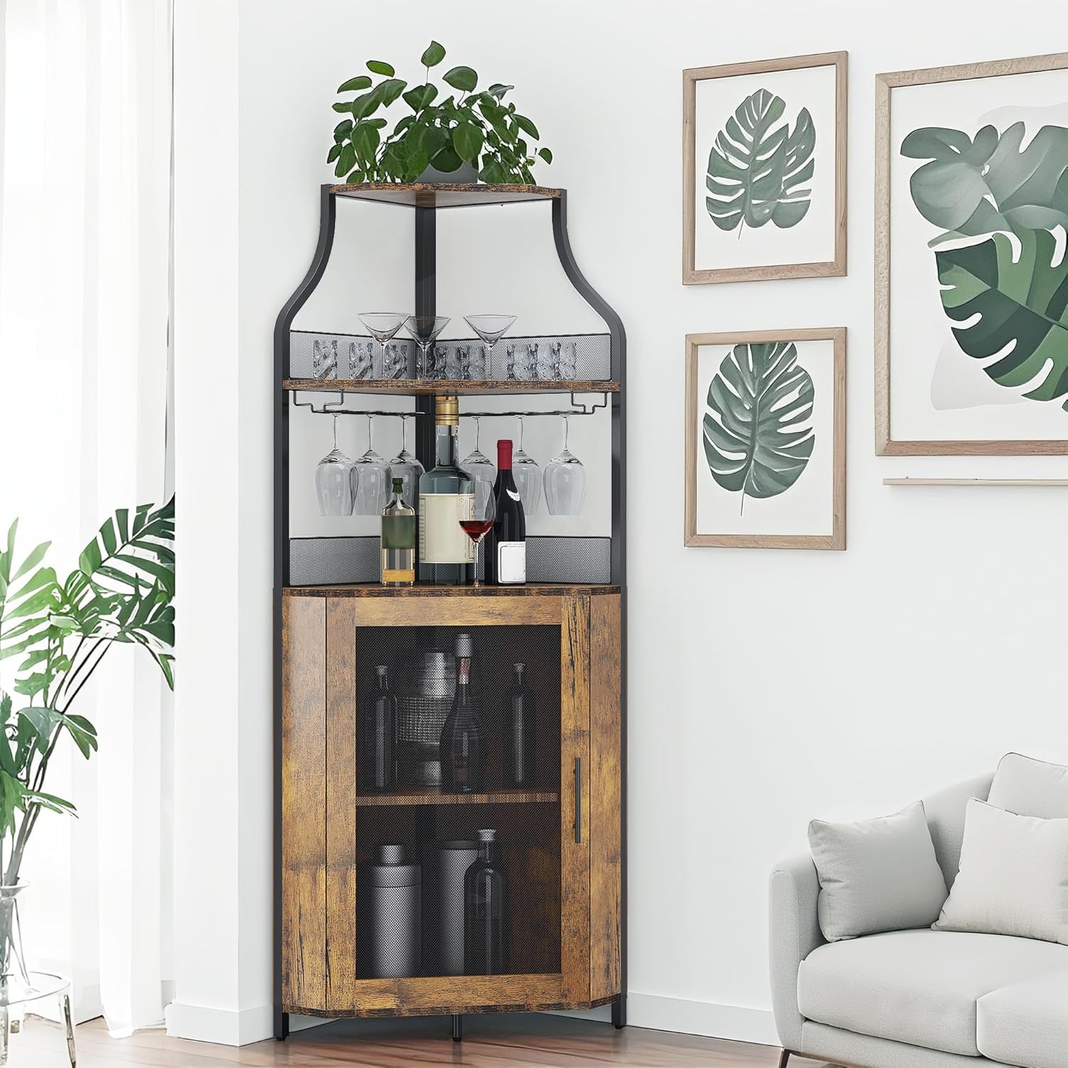 Armoire à vin d'angle avec Table de Travail, Armoire à vin en Bois avec 5 étagères et 2 Supports en Verre et Porte en Maille pour Cuisine, Salon, Salle à Manger (152 x 90 x 32 cm, Naturel)