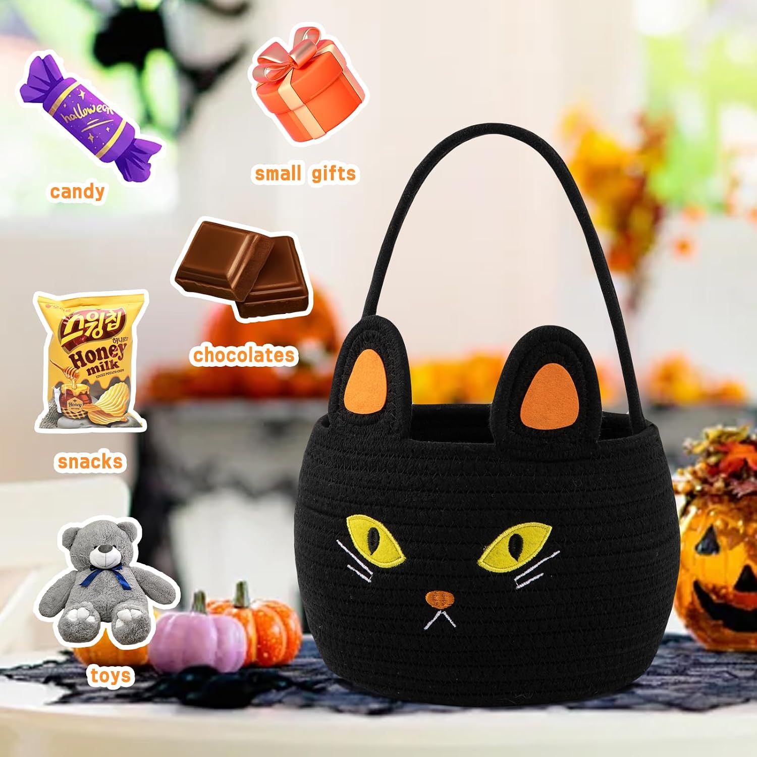 OIASKET Halloween Basket for Kids, Black Baskets with Handle, Trick or Treat Bucket, Small Cat Halloween Decorations, Cute Candy Bucket Halloween Party Favors-Cat Basket