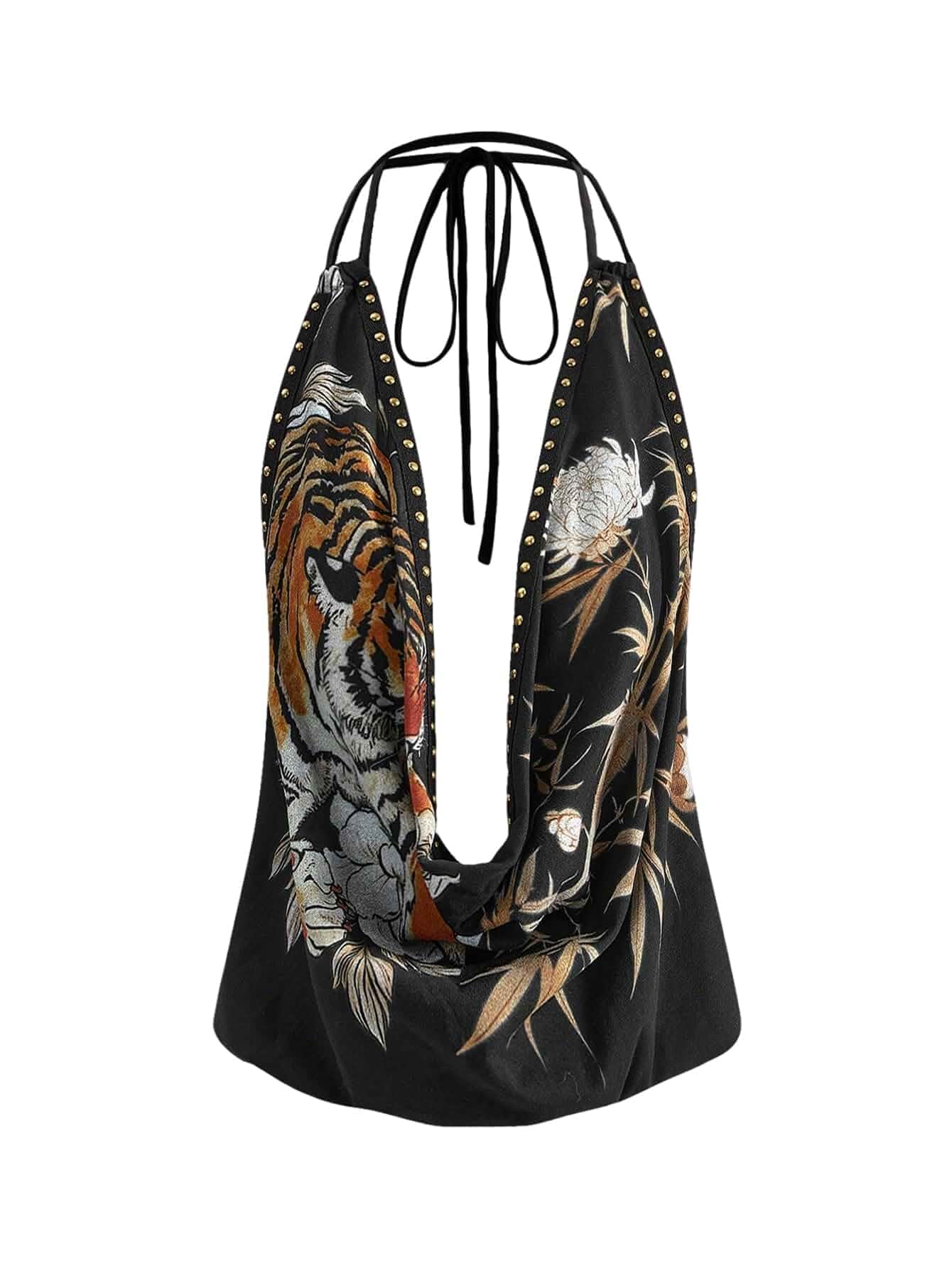 WDIRARA Women's Tiger Print Draped Halter Camisole Rivet Deep V Neck Backless Cami Tops Sleeveless