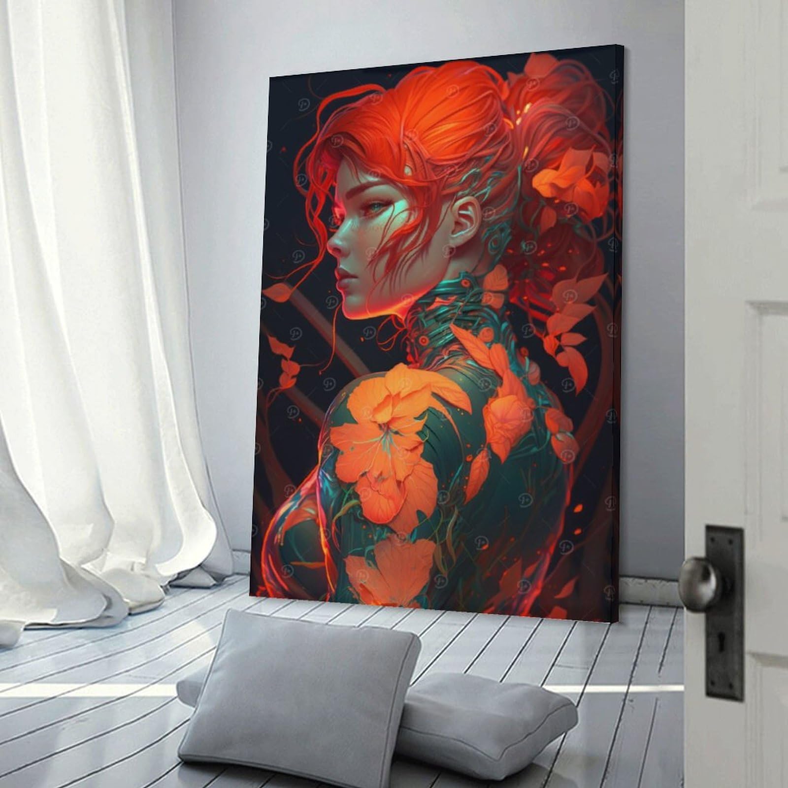 Junmoney Red Floral Cyberpunk Girl Room Decor Wall Art 24x36inch(60x90cm), for Art Walls, Layered Displays Or Homes, Wall Decor Suited to Curated Displays