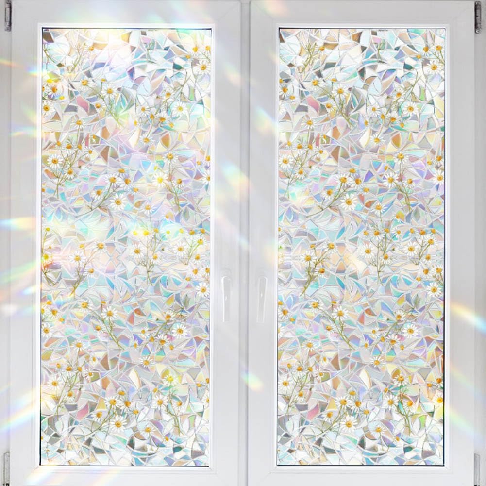 Static Cling Decorative Window Film Vintage Daisy Flower Window Privacy Film PVC Stained Glass Window Sticker Heat Blocking Window Coverings for Bathroom Living Room Kitchen,43x100cm