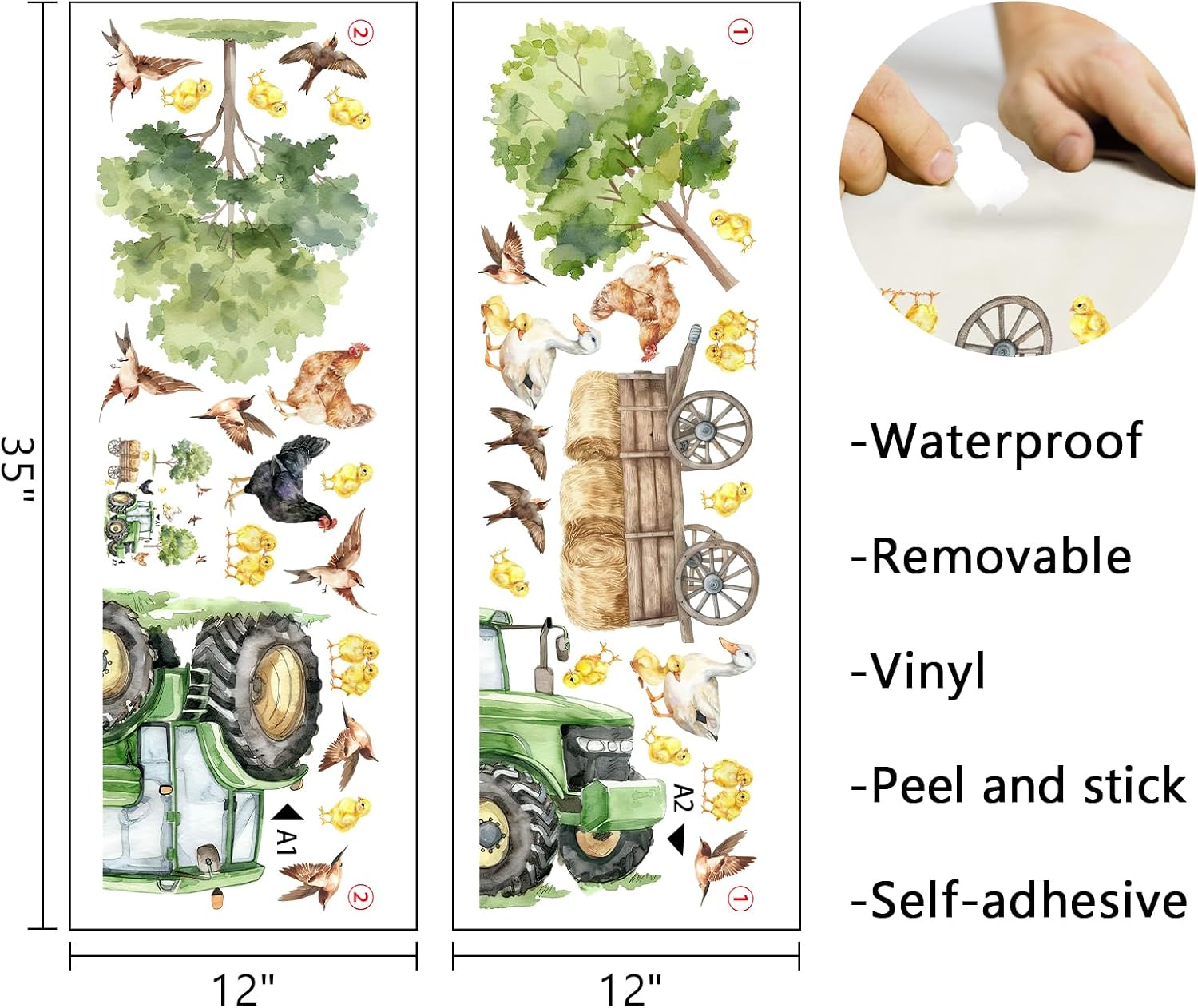 Mfault Farm Animals Wall Decals Stickers, Farmhouse Barn Tractor Chicken Hen Chicks Duck Birds Nursery Decorations Bedroom Art, Country Tree Cart Kids Room School Classroom Playroom Decor