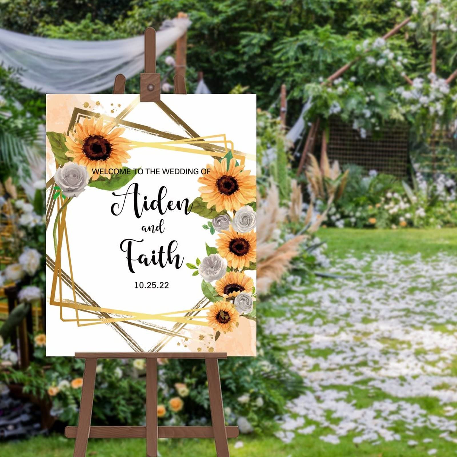 Panneau de bienvenue de mariage roses et tournesols personnalisable haut de gamme
