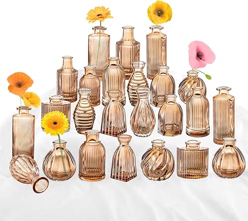 Miniatura 9 de Jarrones de brotes de champán en paquetes al por mayor de 24 envases, jarrones de vidrio ámbar pequeños para decoración, centros de mesa, jarrones