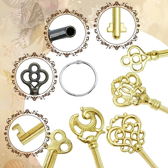 15 Pack Vintage Skeleton Keys with Key Ring, Antique Hollow Barrel Universal Keys, Old Style Decorative Kit for Furniture Dresser Cabinet Door (Random)