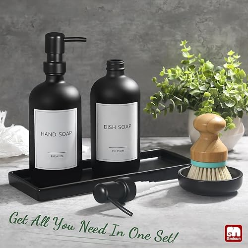 Miniatura 2 de GMISUN - Dispensador de jabón para platos para cocina, dispensador de jabón de manos y platos de 16 onzas con bandeja de cerámica y cepillo de