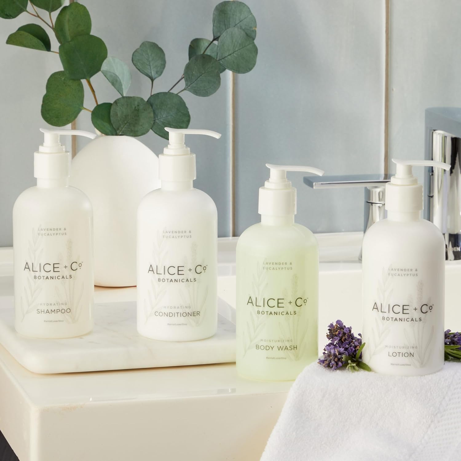 Alice + Co. Shampoo, Conditioner, Body Wash, Lotion | Lavender & Eucalyptus | Hotel Bath Amenities | Fairfield by Marriott | 8.5 oz Bottles | Hair & Body Care Set