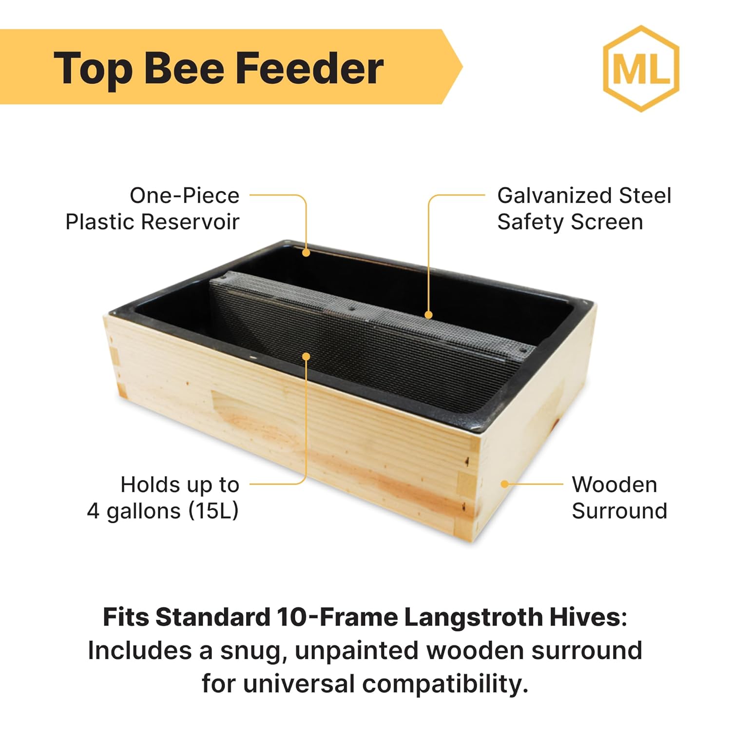 Mann Lake Honey Bee Top Feeder for Beehives, Leakproof Plastic Syrup Reservoir with Galvanized Safety Screen, Fits Standard 10-Frame Hives, Heavy-Duty Refillable Beekeeping Insert - Image 2