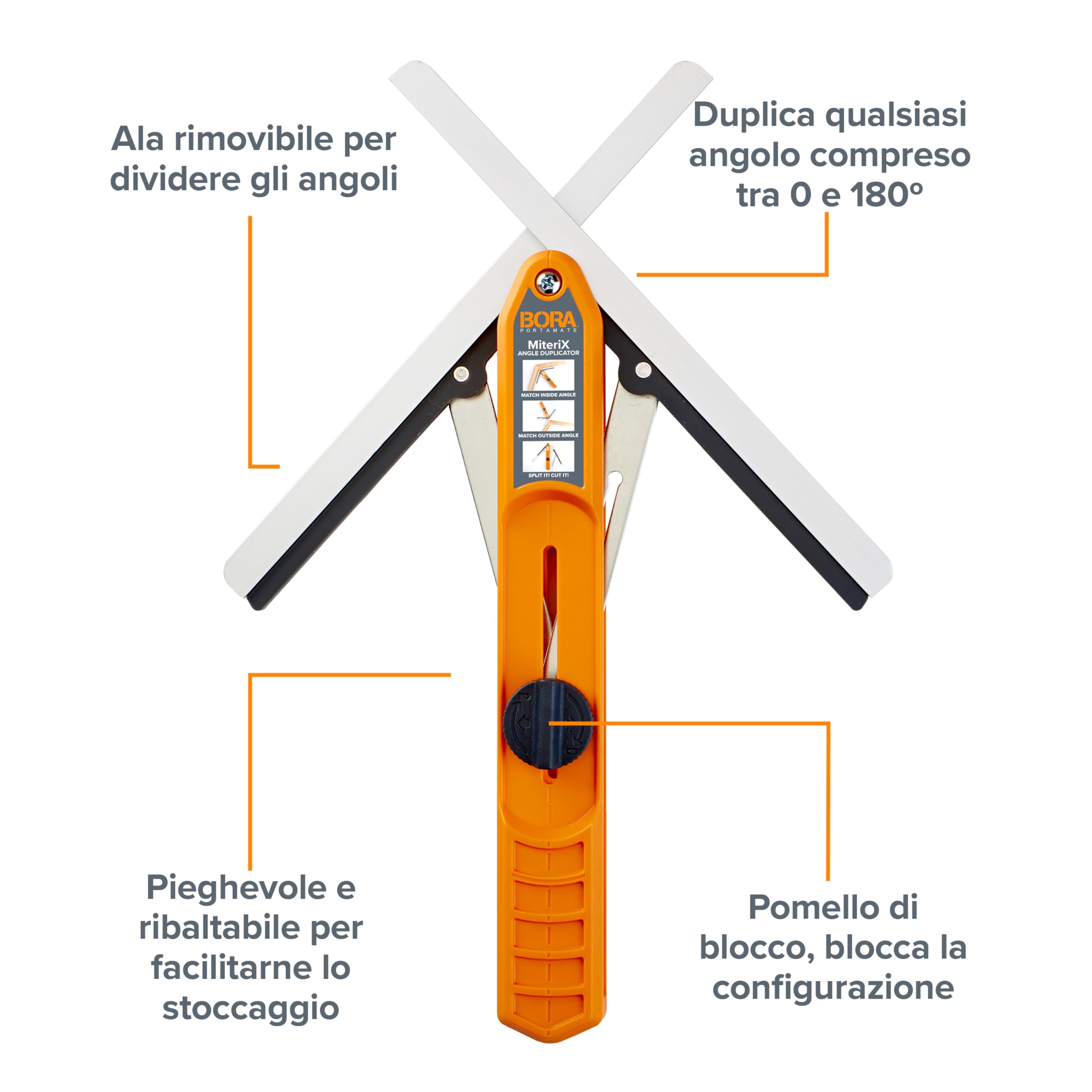 Bora 530401 Miterix. L'eccezionale strumento di misurazione del duplicatore che divide in modo da poter trasferire l'angolo esatto della mitra alla sega, argento/rosso