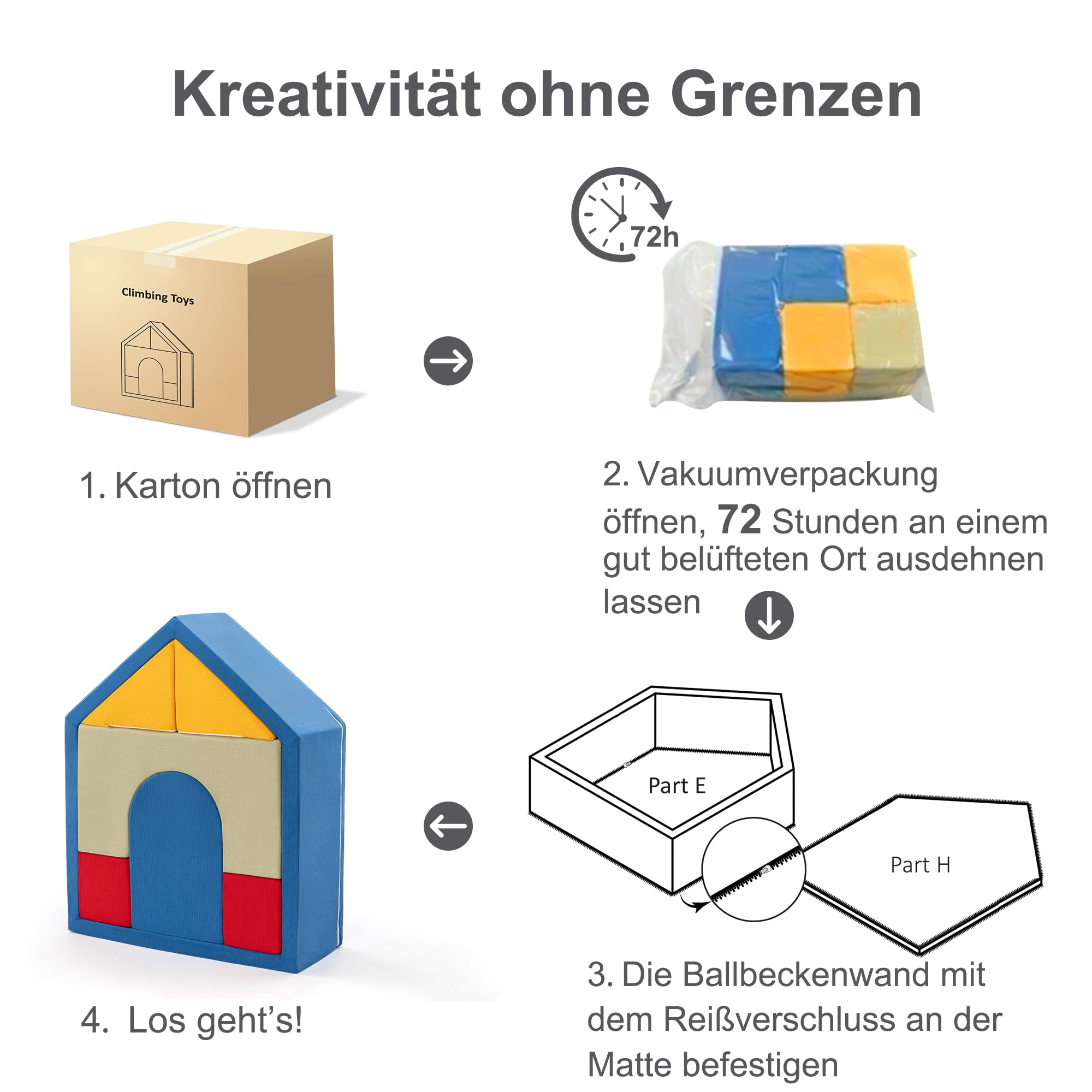 Zedachica 8PCS Softbausteine Baby mit Hausförmigem Bällebad, Schaumstoff Bausteine Kinder für Indoor Klettern, Soft Play Set und Kletterspielzeug für Kleinkinder 1–3 Jahre, Blau (Ohne Bälle)
