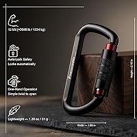 Vista 2 de FresKaro Clips de Mosquetón con Bloqueo Automático de 3 pulgadas, 12 kN-2698 libras, Forma D Sólida, Aluminio 7075 de Servicio Pesado, Ligero, 1.09