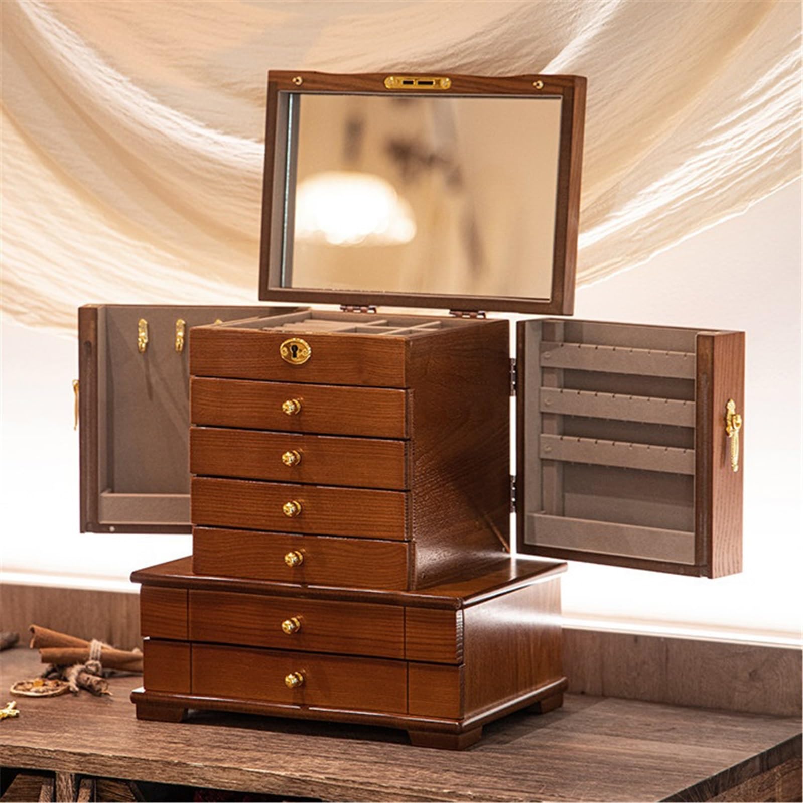 Schmuckständer Schmuckaufbewahrungsbox aus Holz, Halskettenschrank mit Schloss