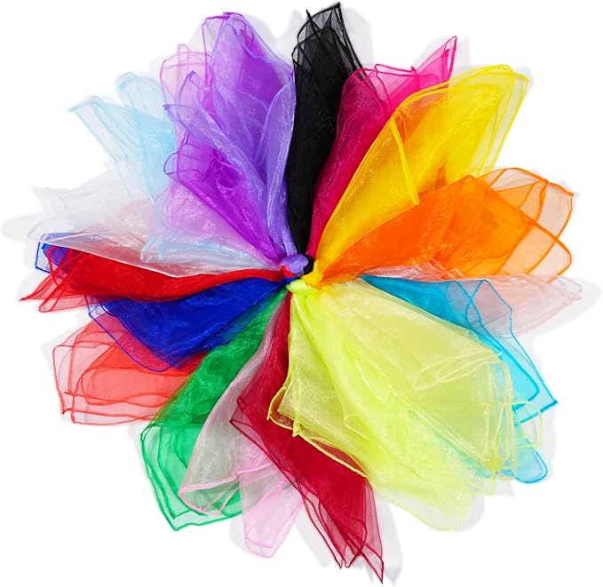 Pack of 20 Square Juggling Cloths, 60 x 60 cm Chiffon Cloths for Dancing, 20 Colours, Colourful Scarves as Scarves Decoration, Silk Scarves for Nursery, Children's Show, Adults, Activities, Sensory