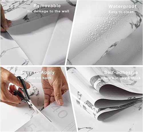Miniatura 5 de PHINILUX Papel de contacto de mármol para cubierta de encimeras, 78.7 x 15.7 pulgadas, papel tapiz autoadhesivo extraíble, rollo de película de