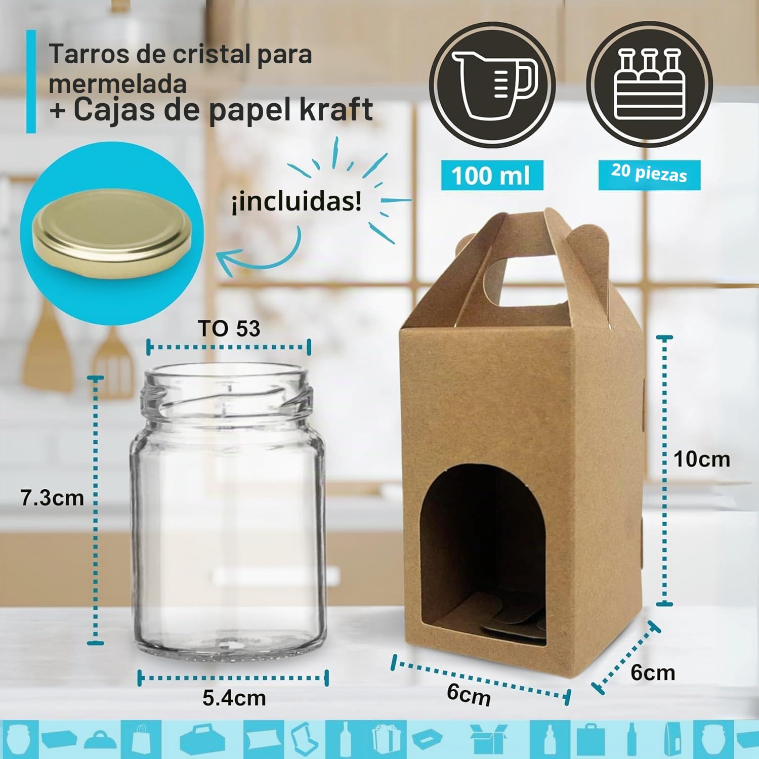 20 Tarros de Cristal 100 ml con Tapa Dorada + 20 Cajas de Cartón con Ventana – Botes de Mermelada de Regalo para Bodas y Detalles | Espirito Rebelde