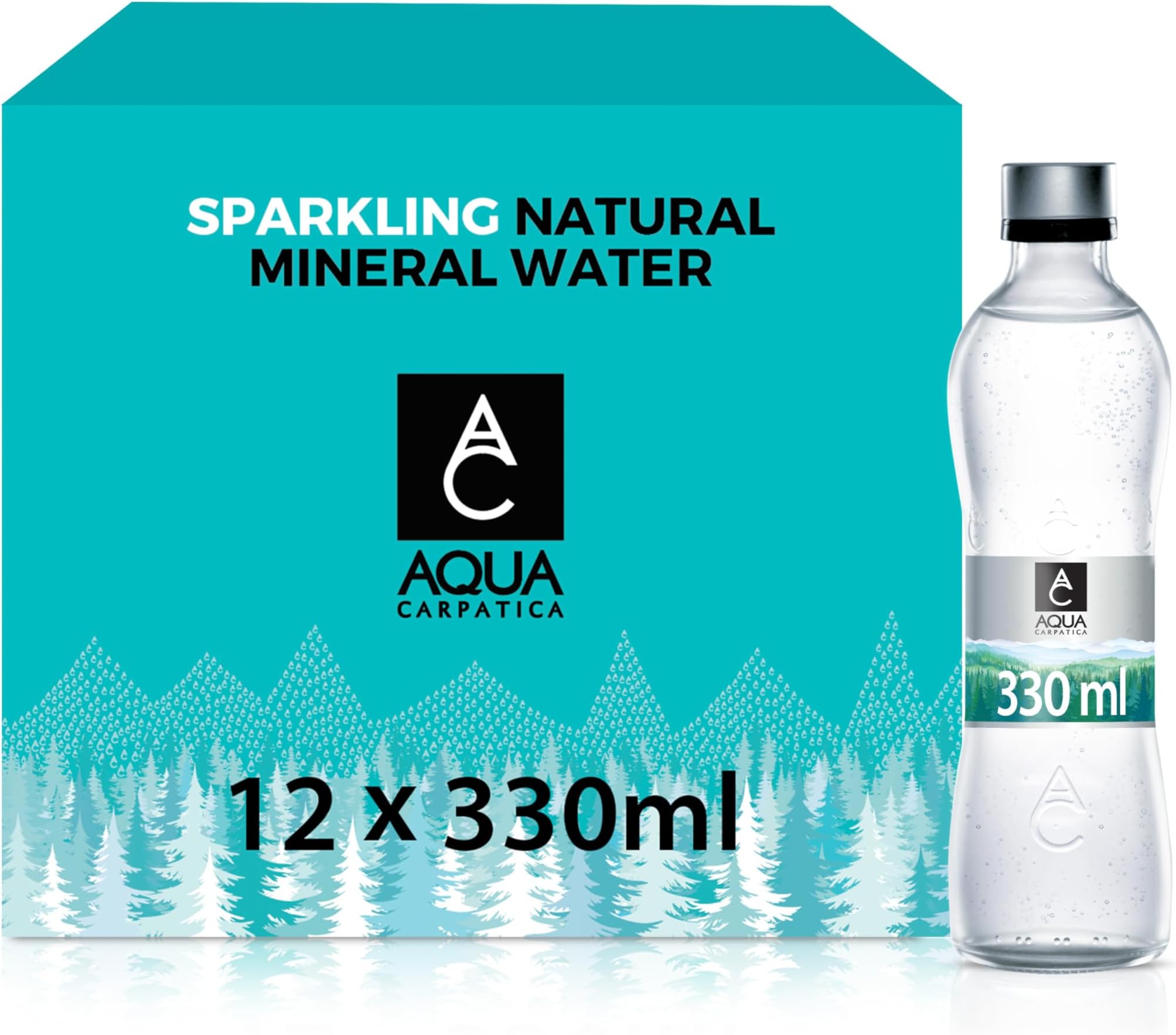 AQUA Carpatica Glass 330ml x 12 - Pure Natural Sparkling Mineral Water for Optimal Hydration, Nitrate-Free, Abundant in Calcium & Magnesium, Naturally Alkaline, Enriched with Natural Electrolytes