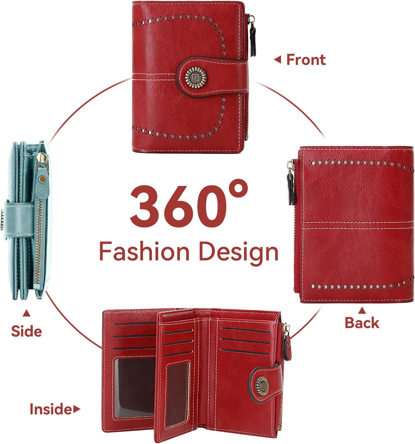 Women's Small Genuine Leather Bifold Wallet Large Capacity RFID Blocking with 16 Card Slots 2 ID Windows and Zipper Coin Pocket Pink (Red) - Image 5