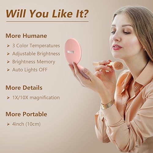 Miniatura 2 de Kintion Espejo de viaje con luz, espejo compacto de aumento 1X/10X, espejo LED recargable de 4 pulgadas, temperatura regulable de 3 colores, espejo
