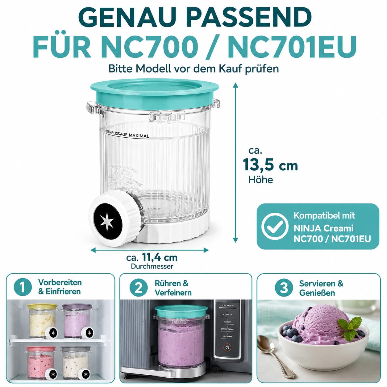 DULCE DOM Ninja Creami Eisbehälter | 480 ml Gefrierbehälter für NC700 & NC701EU Serie | Mit integriertem Design | BPA-frei, spülmaschinenfest & gefriersicher | Farbige Deckel