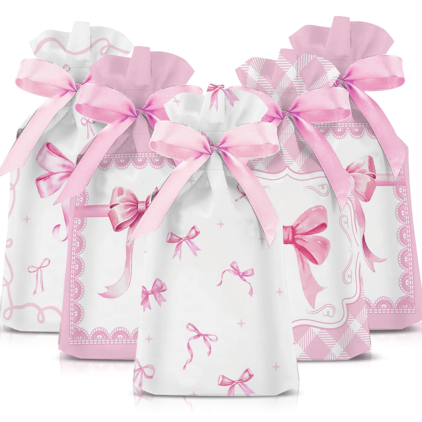 Blosssound 48 Pcs Pink Bow Candy Bags 9.1 x 5.9 Inch Coquette Drawstring Plastic Treat Gift Goodie Bag Bulk for Birthday Weddings Bridal Shower