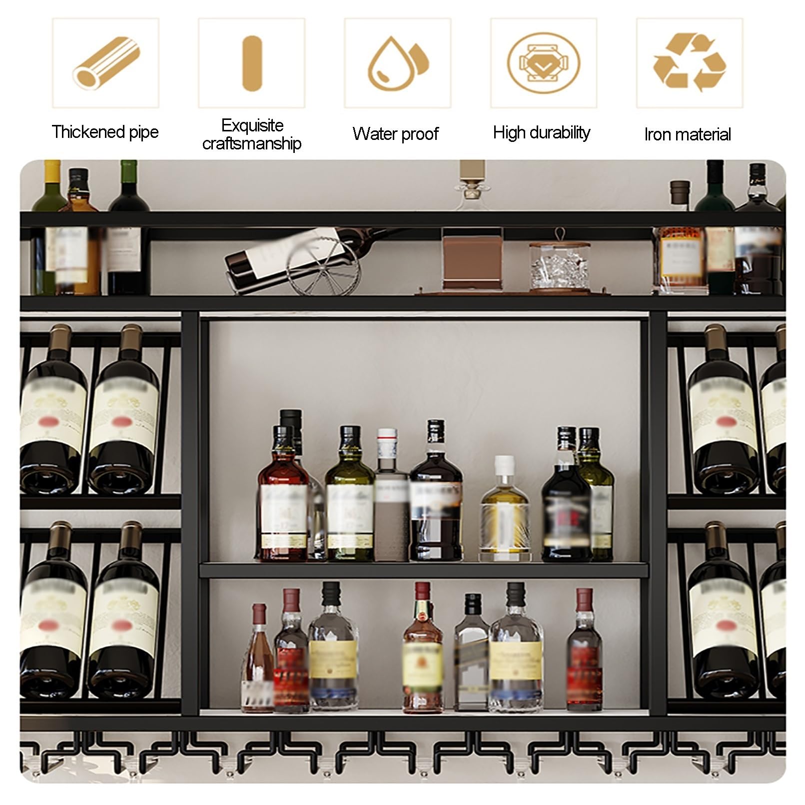 Estante de pared LED flotante para botellas de licor con soporte de vidrio, perfecto para bar, bodega de vino y decoración de cocina (negro, 140 x 25 x 70 cm)