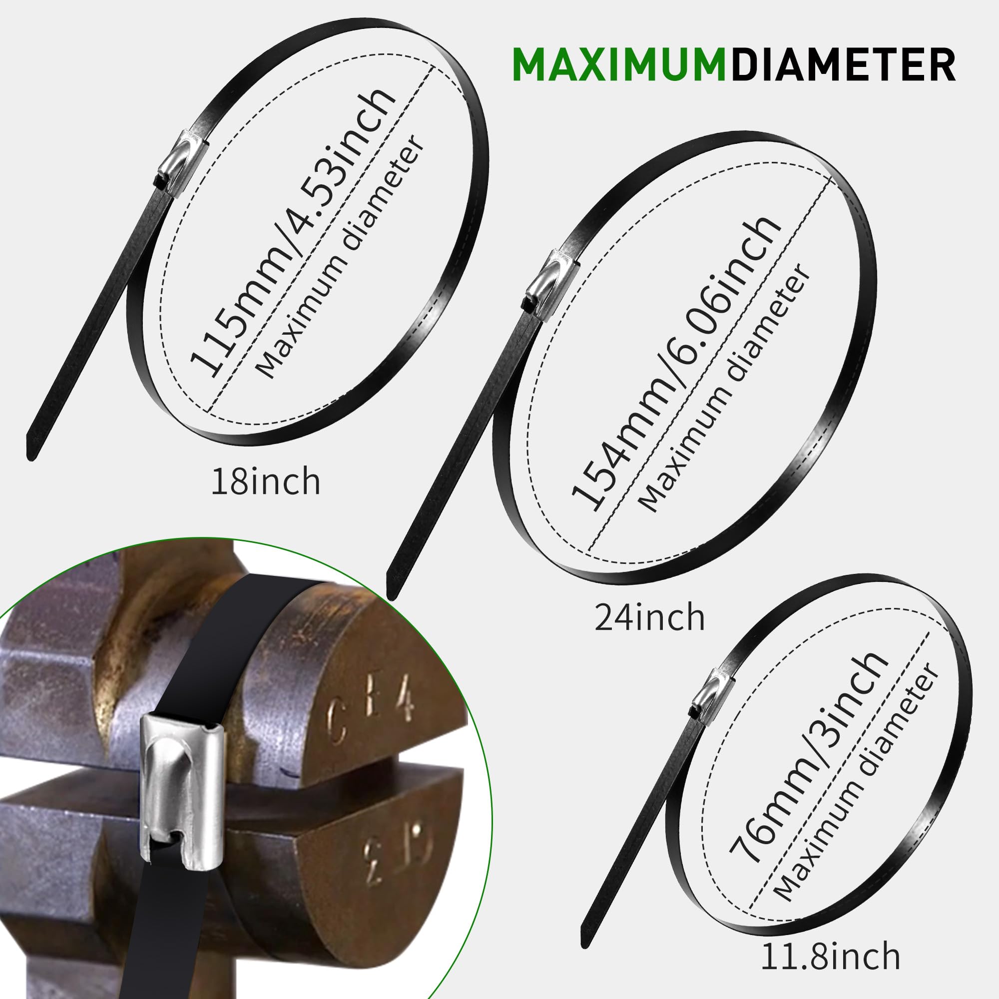 Confezione da 110 fascette in metallo (30,5 cm + 45,7 cm + 61 cm), in acciaio inossidabile 304, resistenti fino a 136 kg, colore nero, fascette autobloccanti per avvolgimento di scarico
