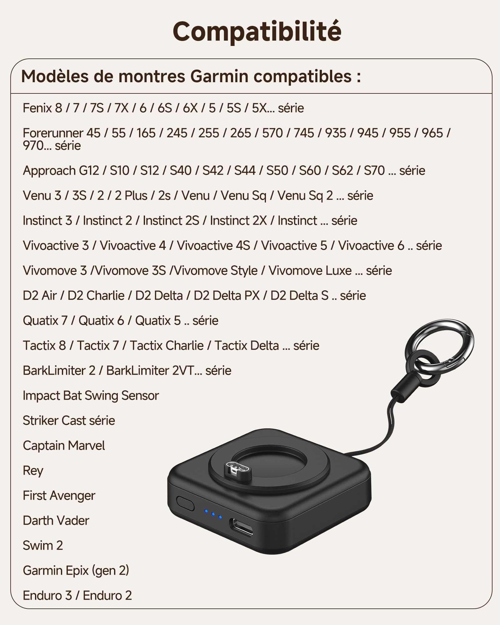 Chargeur portable pour montre Garmin, chargeur 1200mAh pour Garmin Vivoactive 6 5, Fenix 8 7X 6, Venu 3s 3 2, Instinct 3 2, Forerunner 165 265 965, Approach S70 S62 S50 S44, Epix Pro 2, Tactix 8 7
