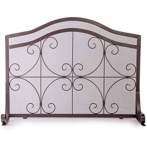 Plow & Hearth Metal Fireplace Screen Crest Arch Copper | 44" W x 33" H | Flatguard | Spark Guard Indoor Grate | Iron Fire Place Cover | Wood Burning Stove Decorative Accessories