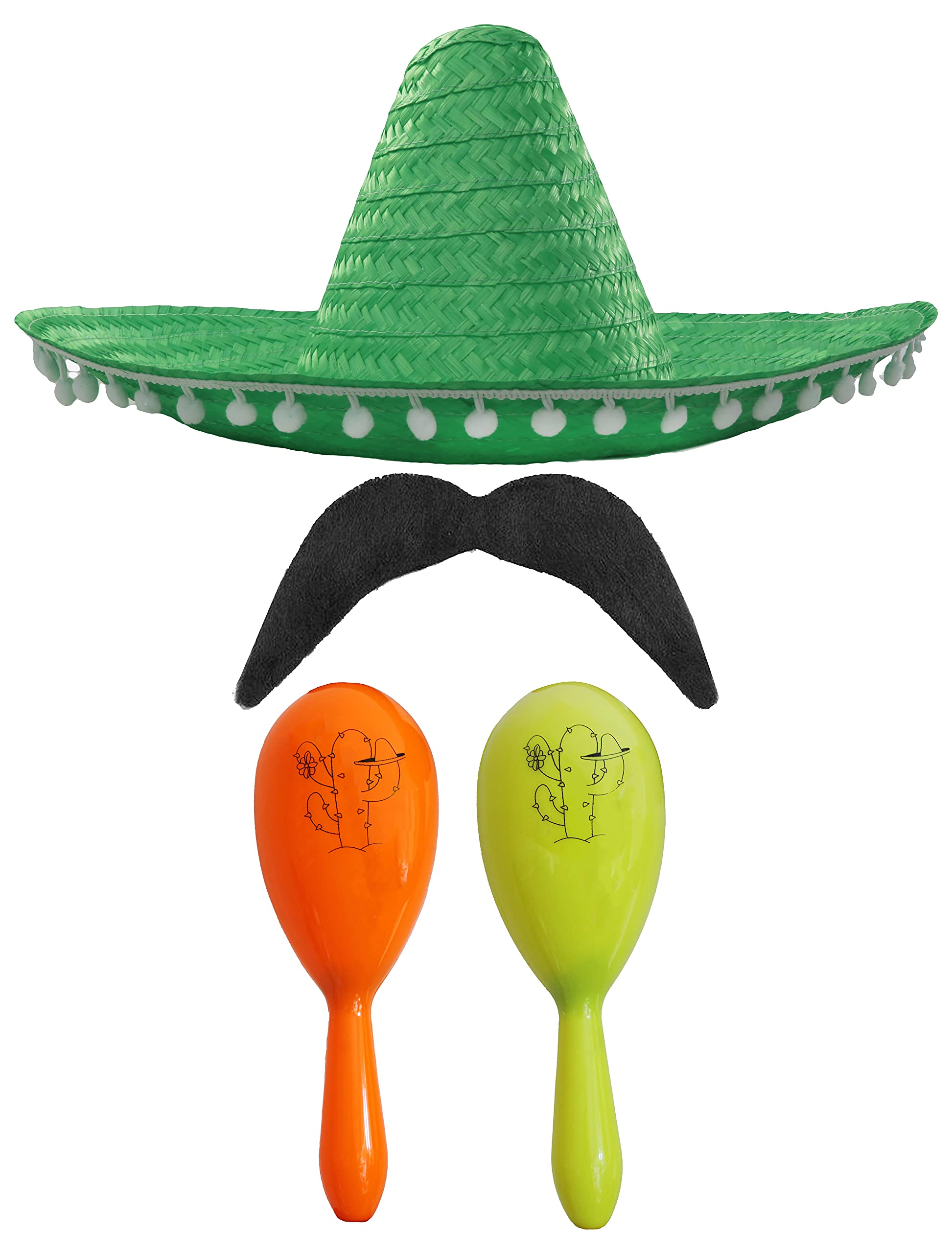 Adults Mexican Accessory Set - Green Mexican Sombrero, Green & Yellow Maracas, Moustache - Mexican Cinco de Mayo Sensorita Bandit Mariachi Fancy Dress Costume Accessory Set โ image 1