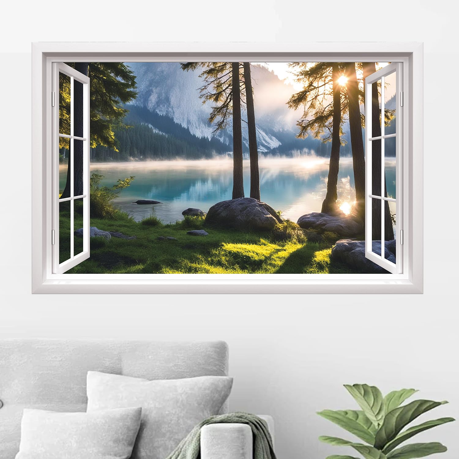 HPNIUB 3d Kaputter Wandaufkleber,90 * 60cm(BxH),Wandtattoo Wohnzimmer Landschaft,Selbstklebend Wandsticker Meer Baum Poster,Vinyl Wandaufkleber Durchbruch Deko für Wohn (See)