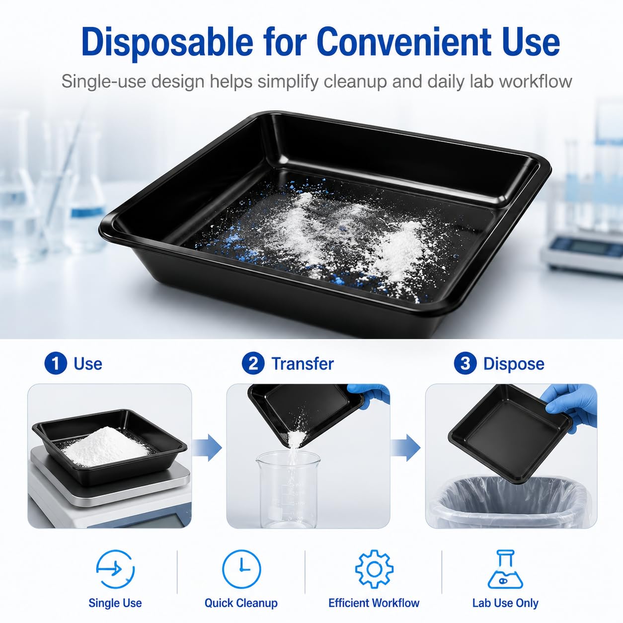Black Weigh Boats Large (330mL, 100 Pack) Anti-Static Plastic (SW4103) | Black anti-static weigh boats provide strong contrast for light samples easy-pour corners for lab weighing sample prep.