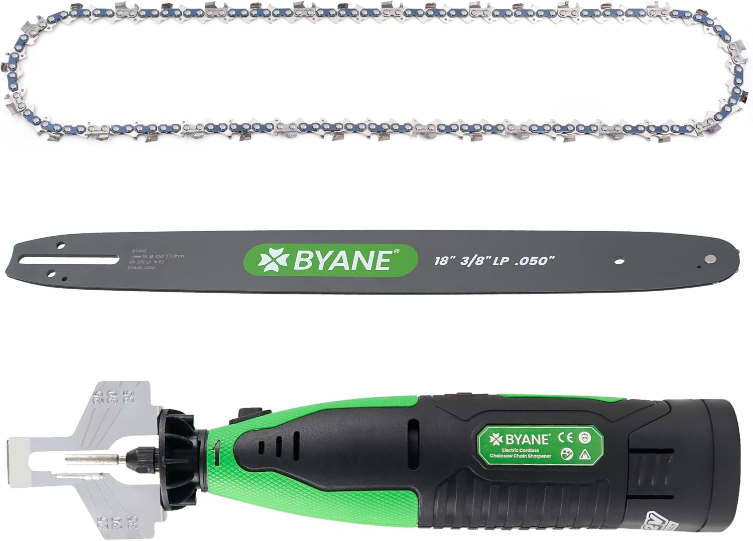 18" Chainsaw Bundle: Carbide Bar/Chain Combo + Diamond Sharpener for Echo/Ego/Poulan/Greenworks/Kobalt/Husqvarna/Ryobi & More, 3/8" LP Pitch, .050" Gauge, 62 Drive Links