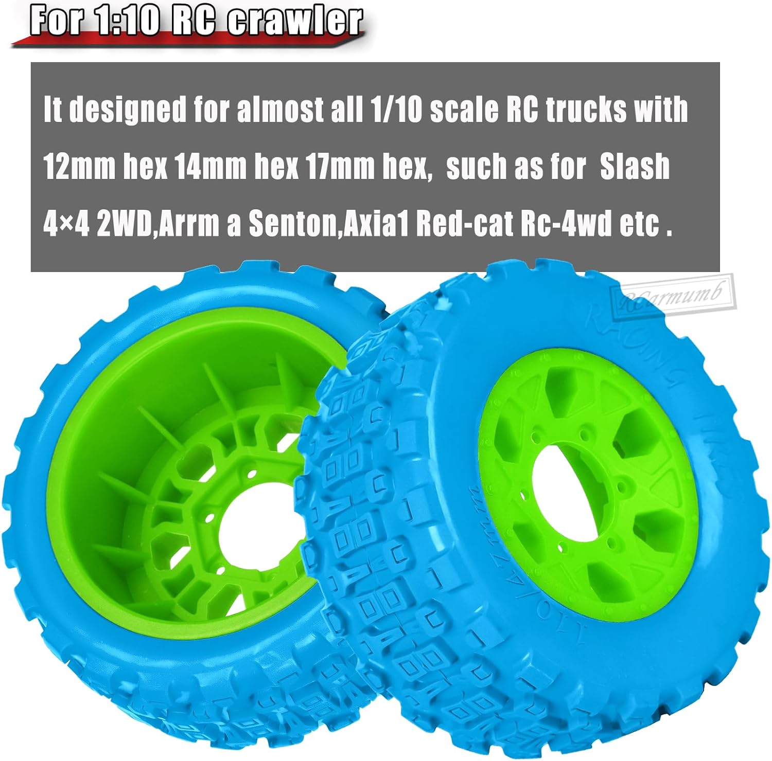 RC 1/10 Short Course Tires with 12MM 14MM 17MM Hex Compatible with Arrm a Senton,Axia1,Slash 2WD/4×4 4WD,Red cat, RC 4WD,Heavy Duty High Grip Rubber Tires w/Plastic Wheels,Blue&Green