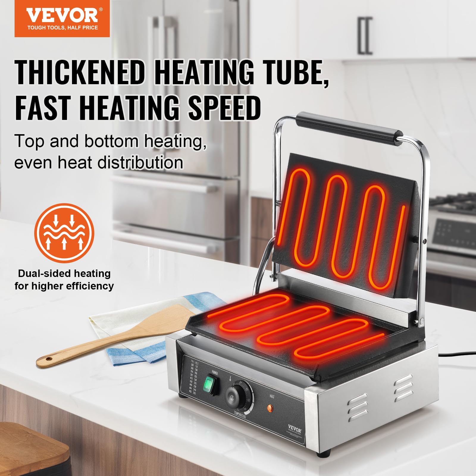 VEVOR Griglia per Panini Commerciale, 2200 W Pressa per Sandwich in Acciaio Inox, Griglia per Panini con Controllo della Temperatura, Piastra Smaltata Completa da 345 x 230 mm per Bistecca, Pancetta