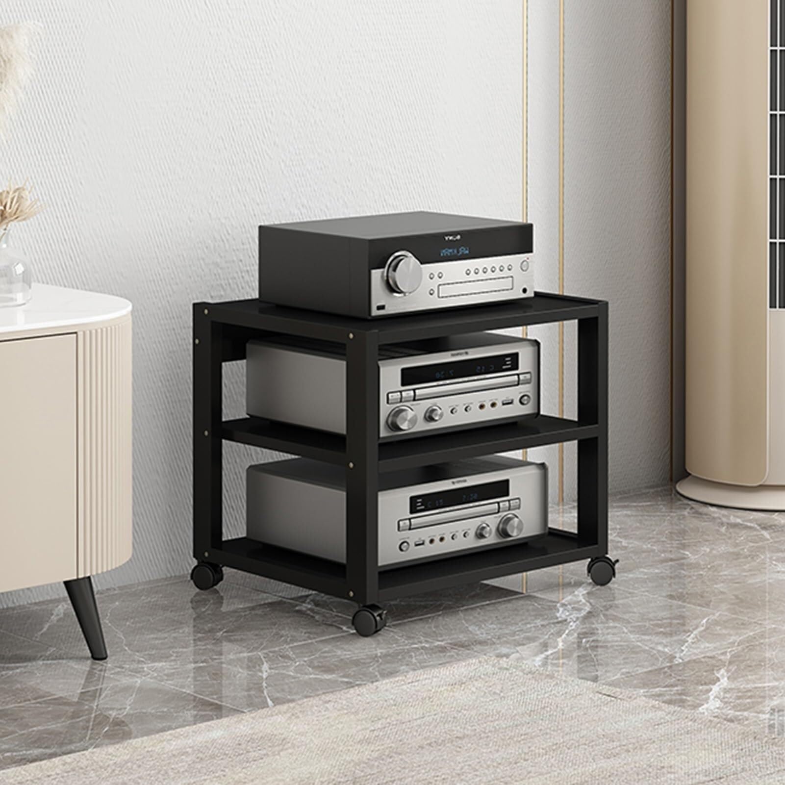 Mueble multimedia esquinero de madera con estantes para audio y video
