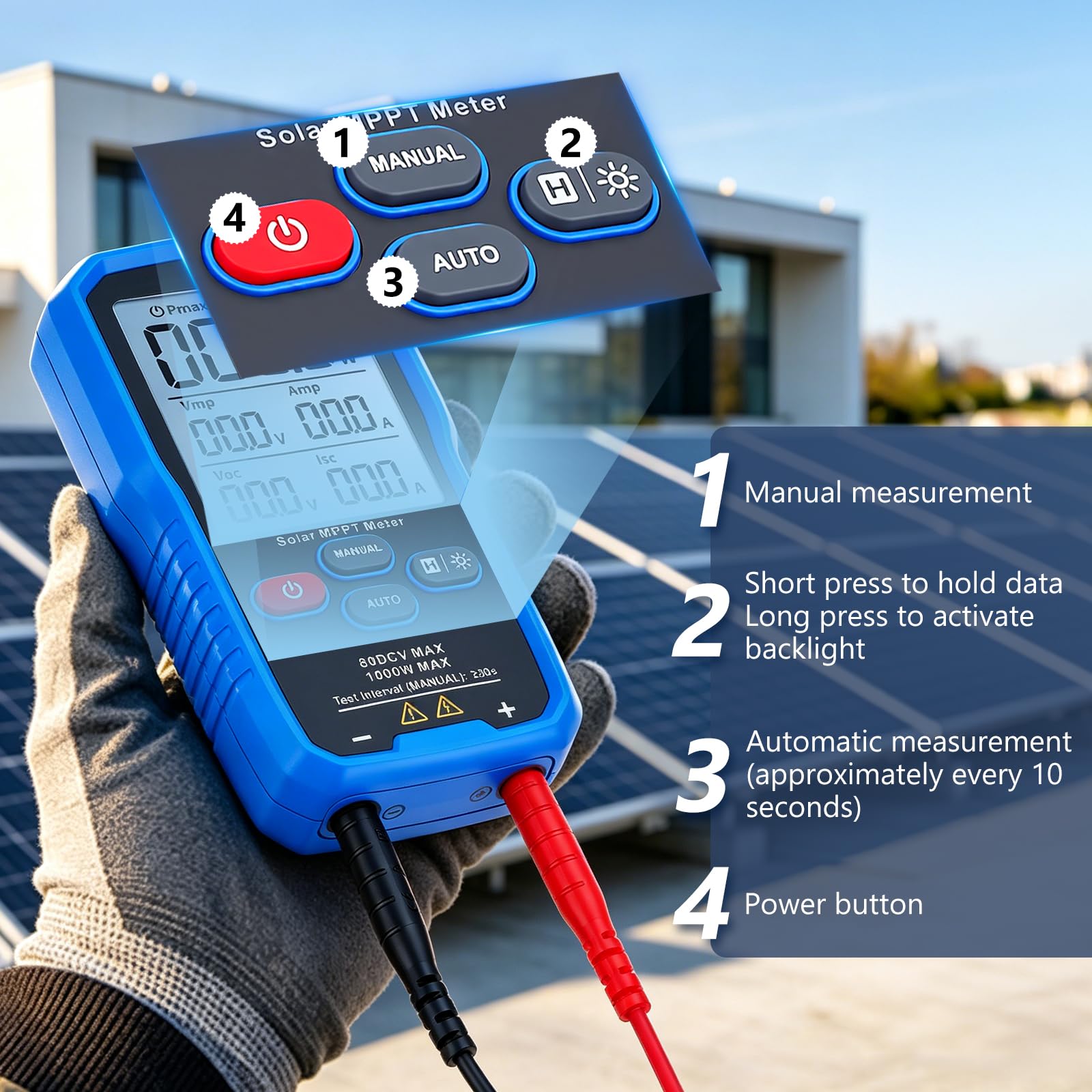 Solar MPPT Leistungstester 1000 W – Photovoltaik Panel Multimeter mit 3,2″ LCD, Solar-Prüfgerät für Voc, Isc, Vmp, Pmax, Auto/Manuell, für PV-Module bis 80 V / 35 A