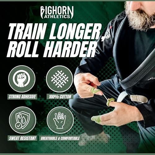 Miniatura 4 de Bighorn Athletics Cinta para dedos de Jiu Jitsu, cinta deportiva deportiva para lesiones y apoyo BJJ, Judo, lucha, escalada en roca, voleibol, manos