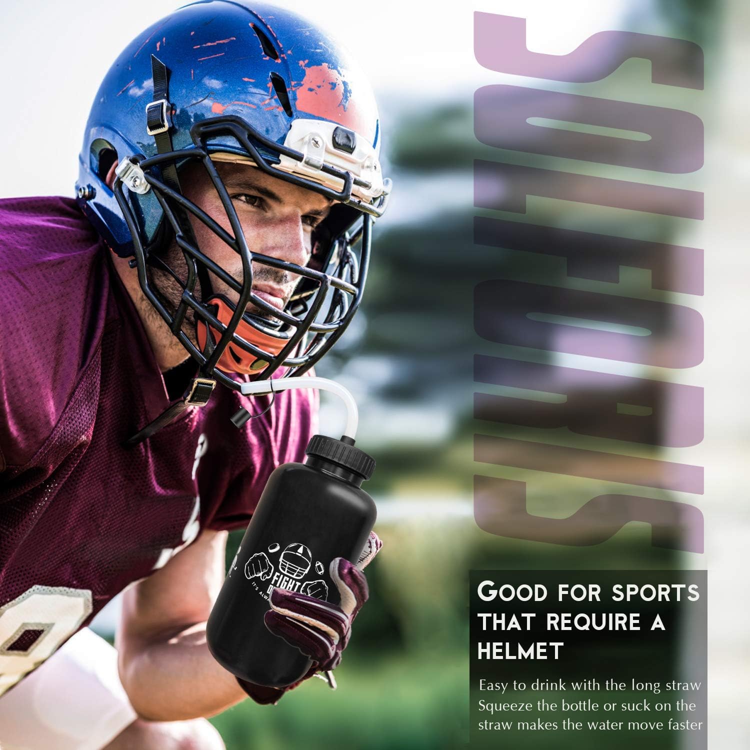 Hockey Water Bottles with Long Straw, Fit for Football Lacrosse Gym Sport, Plastic Squeezable Leakproof BPA Free, No Strange Smell, Easy to Clean, 1 Liter 32 oz (3 Straw Caps) (black) - Image 5