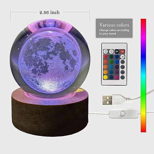 Miniatura 2 de TUUWAI Bola de cristal de luna 3D de 2.36 pulgadas con lámpara LED, base de madera colorida luz nocturna con bola brillante extraíble, luz cambiante