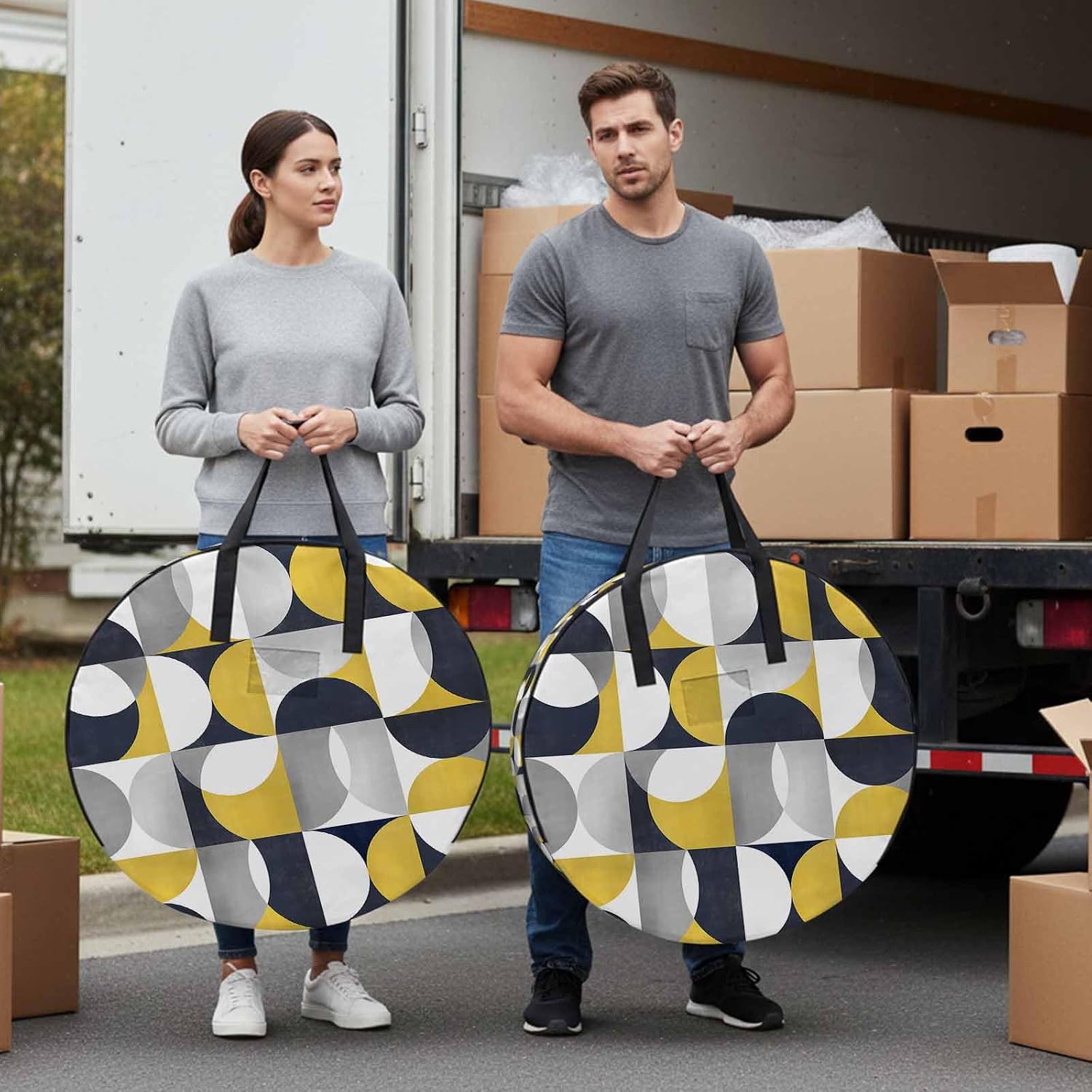 Yellow Black Round Storage Bag 36 Inch, Nordic Retro Medieval Geometric Abstract Clothes Storage Container with Handles Heavy Duty Organizer for Comforter, Bedding & Holiday Wreaths
