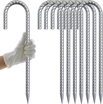 AAGUT Rebar Stakes 12 Inch J Hook, Anti-Rust Tent Stakes Heavy Duty 16 Pack | 5/16 Inch Galvanized Metal Ground Anchors for Fence, Bounce House, Camping, Inflatables, Yard Decorations, Canopies, Gazebo